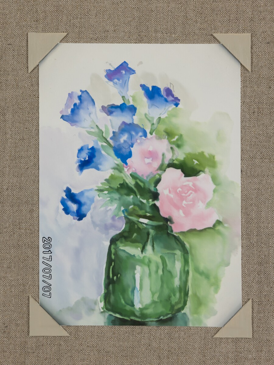 Mika Horibuchi; Watercolor of a Morning Glory and Pink Rose Bouquet; 2023