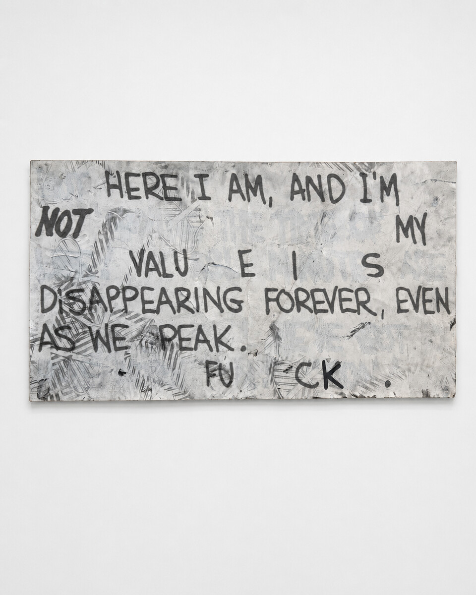 Tony Lewis; Untitled (Here I am, and I’m not. My value is Disappearing Forever, Ever as We Peak FUCK.); 2025
