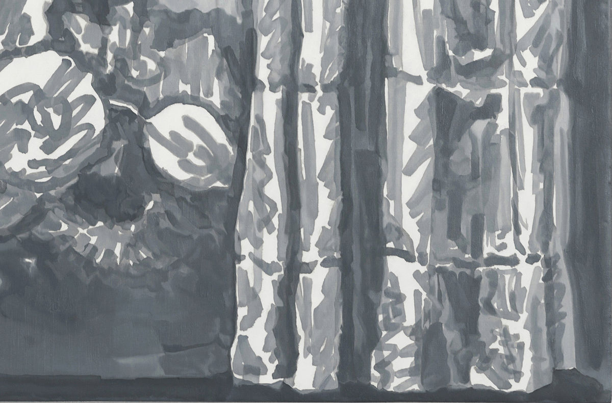 Mika Horibuchi; Marker Drawing of Trompe-l’Oeil Still Life with a Flower Garland and a Curtain; 2018